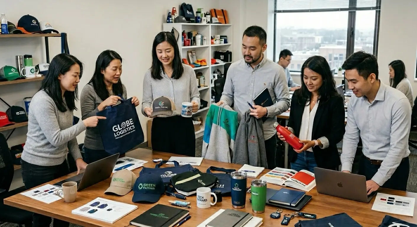 Six people in business casual attire are gathered around a table filled with various branded promotional products, including hats, bags, tumblers, notebooks, and clothing items. They are talking and examining different samples. The background is an office with shelves and windows.