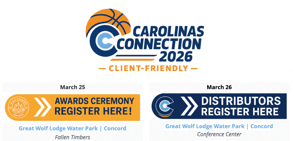 Promotional graphic for Carolinas Connection 2026 featuring event dates for March 25 and 26 at Great Wolf Lodge Water Park, Concord. Includes registration links for Awards Ceremony and Distributors.
