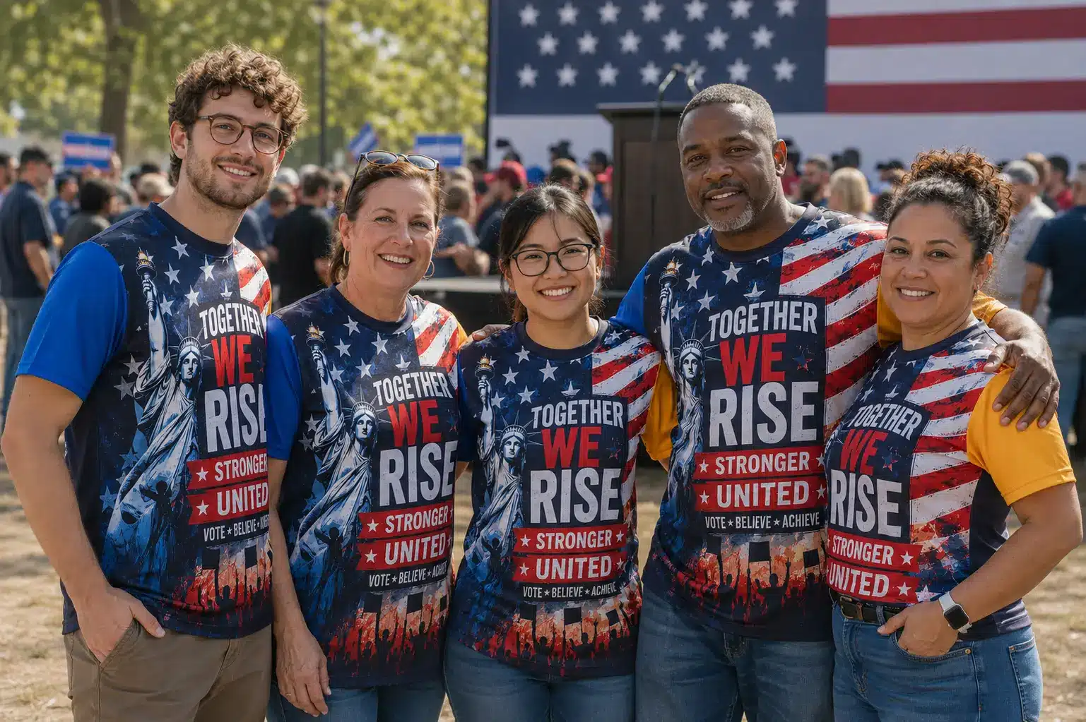 Mass Crowd Wearing Uniform Election Campaign T-Shirts