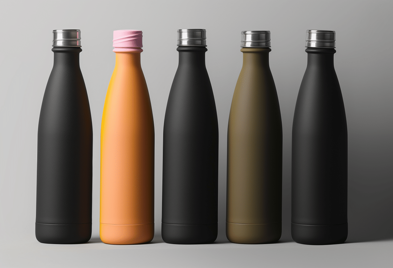 A set of five sleek, matte finish water bottles in varying colors including black, orange, and olive green. Each bottle has a tapered design and features a metallic cap, ideal for promotional use."