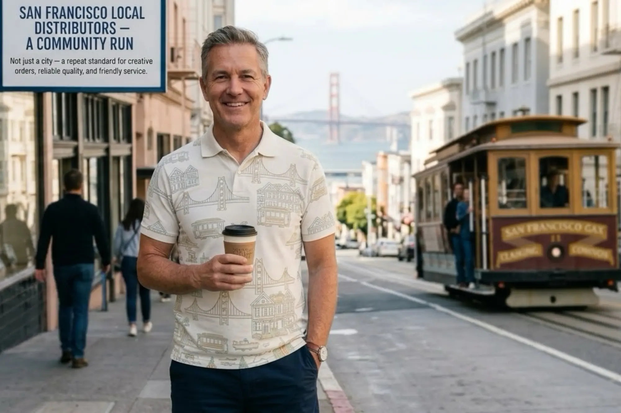 A man wearing a premium light-colored printed Polo shirt on a San Francisco street with Golden Gate Bridge and cable car background